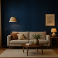 Modern living room with a beige sofa, wooden coffee table, and decorative elements against a dark blue slat wall.