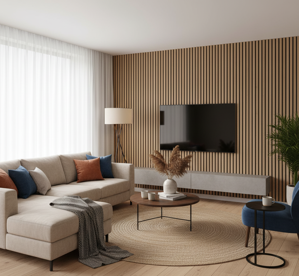 Modern living room with a beige sectional sofa, round coffee table, and acoustic slatted wall.