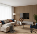Modern living room with a beige sectional sofa, round coffee table, and acoustic slatted wall.