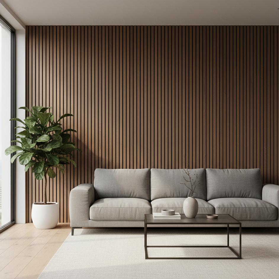 Modern living room with a gray sofa, coffee table, and plant against a walnut acoustic slatted wall.