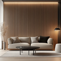 Modern living room with a beige sofa, wooden wall, and coffee table.