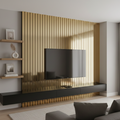 Modern living room with a television mounted on a gold finished slat wall panel wall.