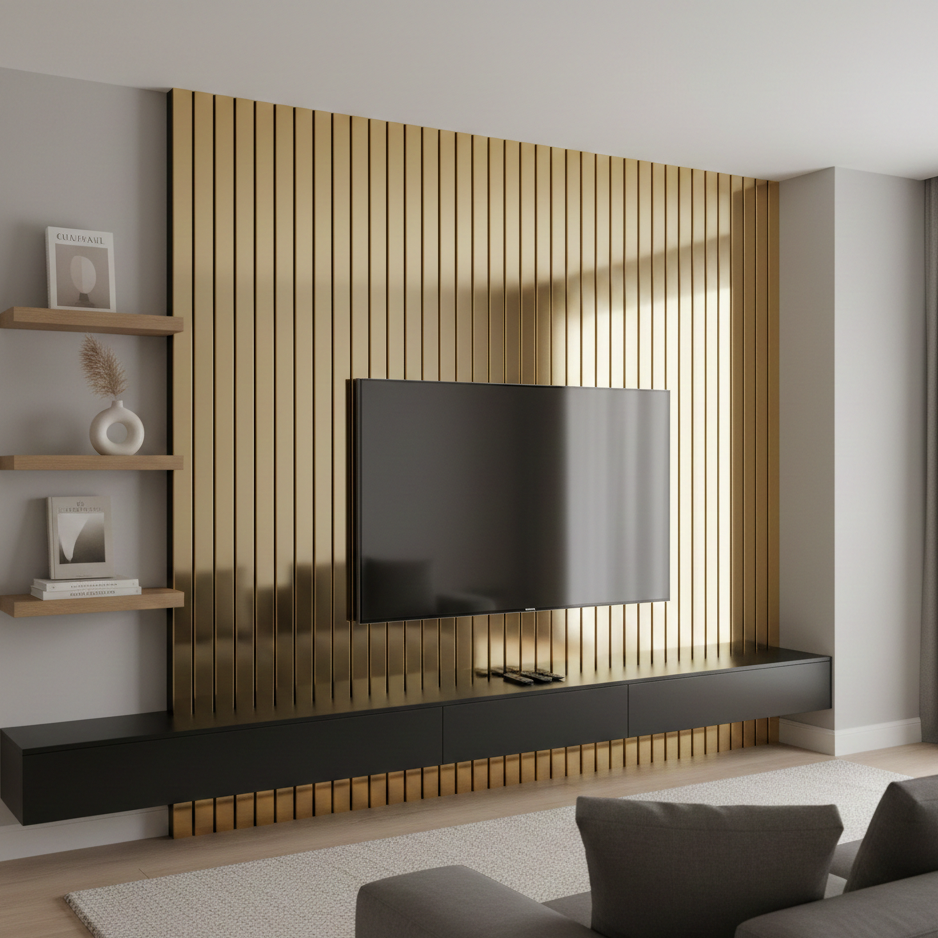 Modern living room with a television mounted on a gold finished slat wall panel wall.
