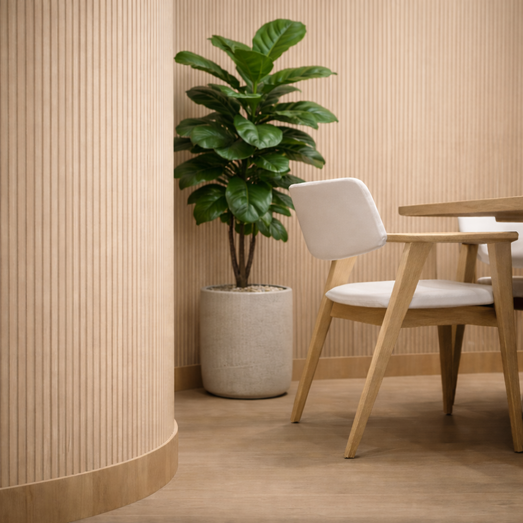 Modern interior with a potted plant and wooden chair against wooden wall paneled wall