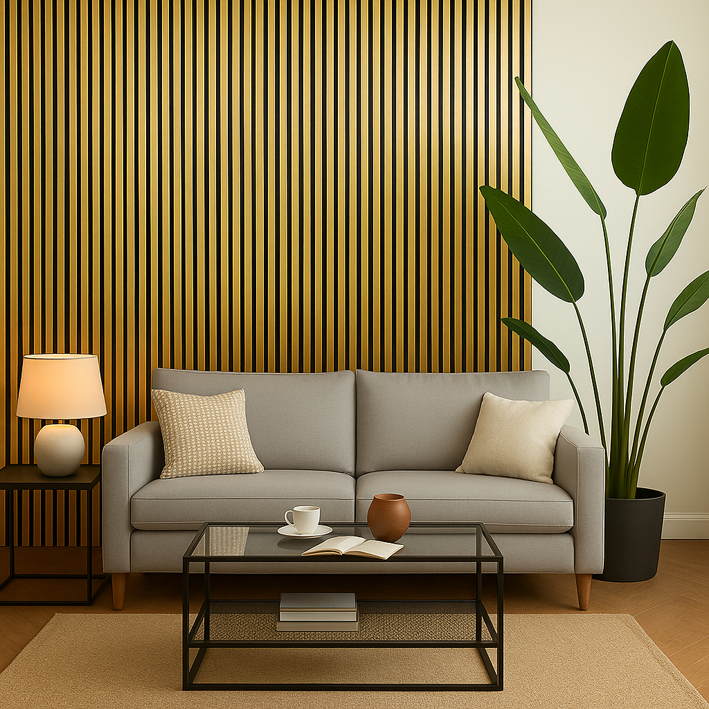 Simply Panels Gold Colour Acoustic Slatted Wood Wall Panels- 240cm x 32cm (2 pack)